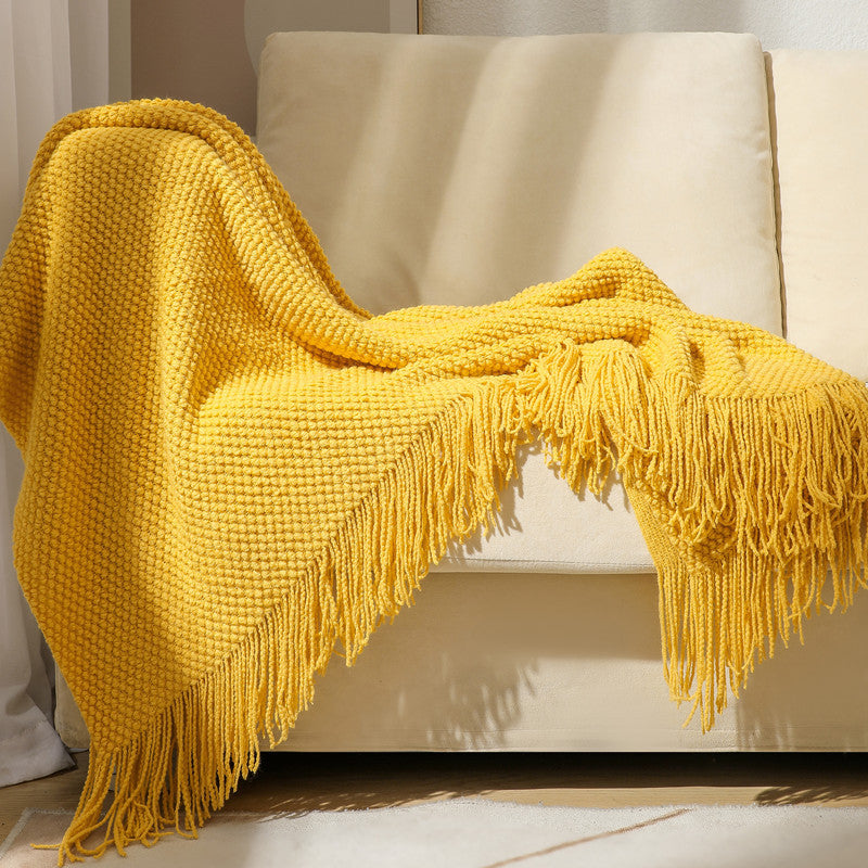 Knitted Throw Blanket with Tassels Soft Acrylic Waffle Knit Sofa Throw Lightweight Bed Blanket for Living Room | Bedroom