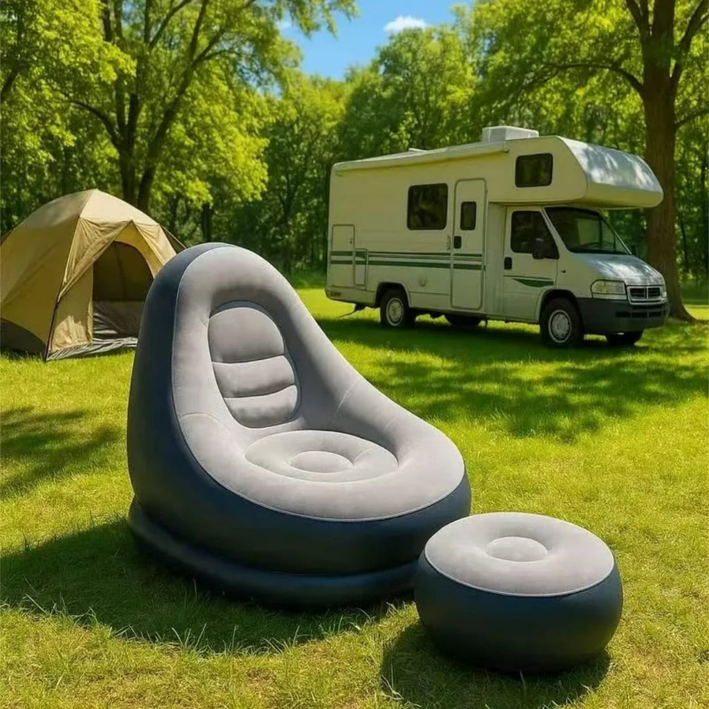 Inflatable Lounge Chair with Footstool Flocked Air Sofa Set with Hand Pump Portable Lazy Chair for Living Room | Garden and Camping