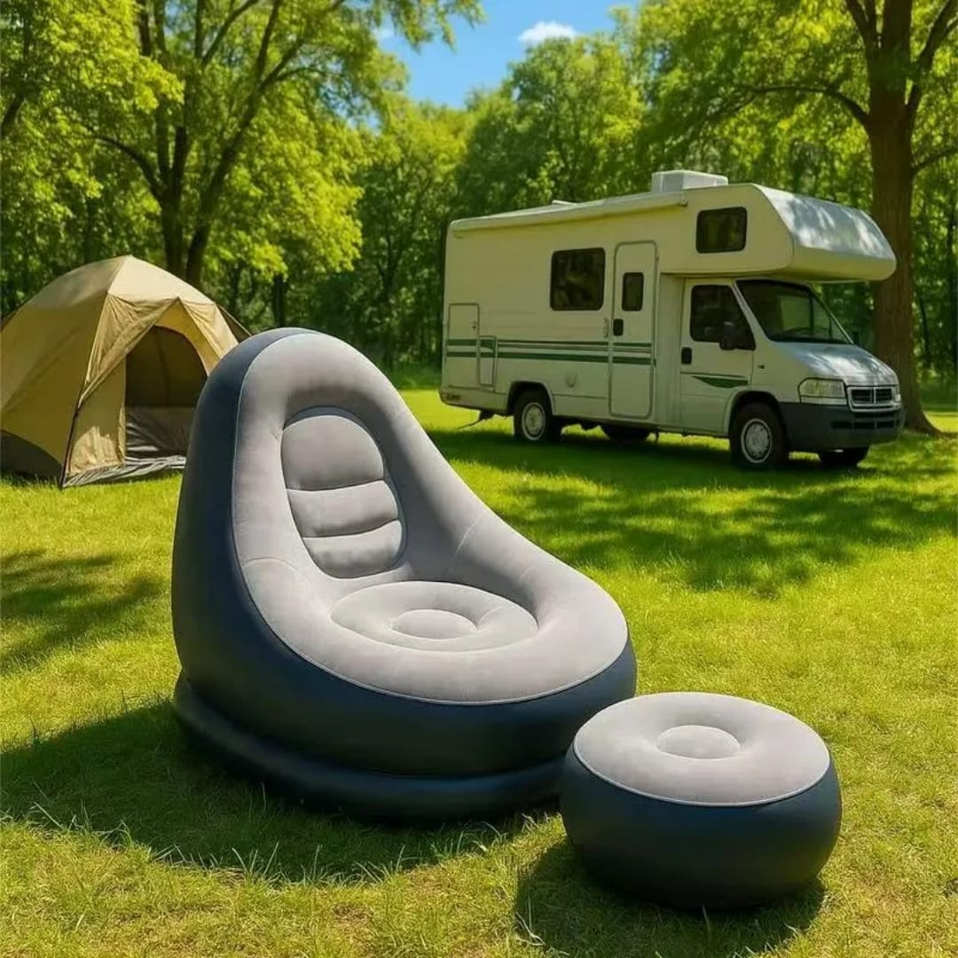 Inflatable Lounge Chair with Footstool Flocked Air Sofa Set with Hand Pump Portable Lazy Chair for Living Room | Garden and Camping