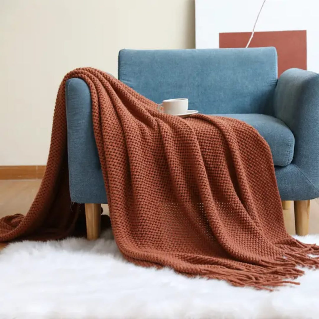Knitted Throw Blanket with Tassels Soft Acrylic Waffle Knit Sofa Throw Lightweight Bed Blanket for Living Room | Bedroom