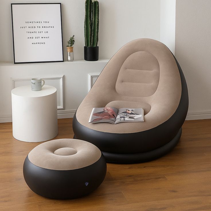 Inflatable Lounge Chair with Footstool Flocked Air Sofa Set with Hand Pump Portable Lazy Chair for Living Room | Garden and Camping