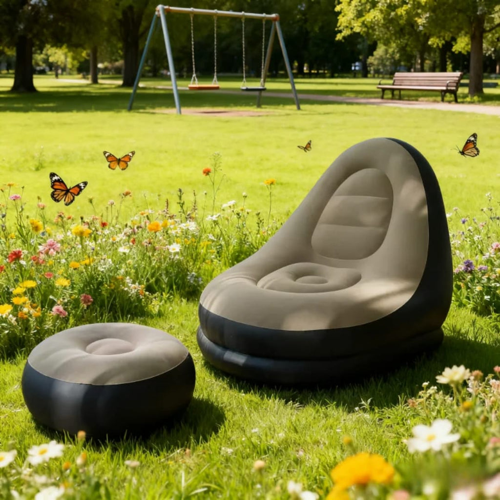 Inflatable Lounge Chair with Footstool Flocked Air Sofa Set with Hand Pump Portable Lazy Chair for Living Room | Garden and Camping