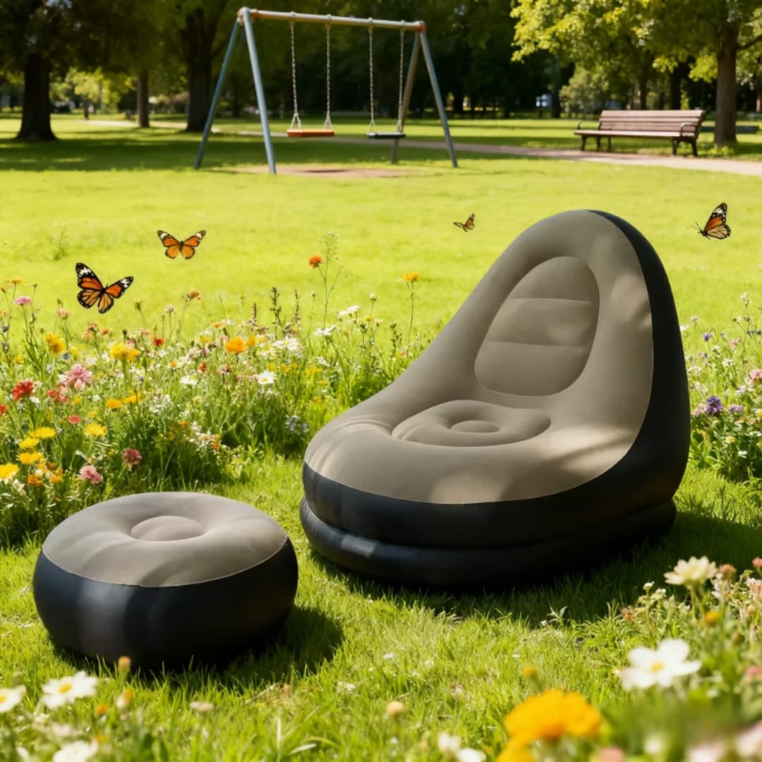 Inflatable Lounge Chair with Footstool Flocked Air Sofa Set with Hand Pump Portable Lazy Chair for Living Room | Garden and Camping