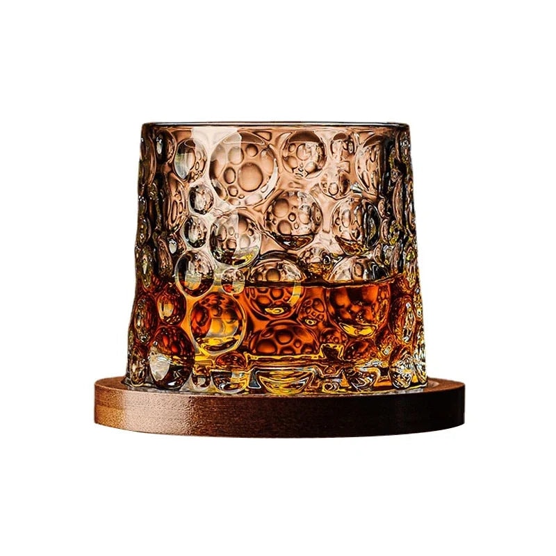 Rotating Crystal Whisky Glass with Wooden Coaster and Textured Cut Pattern