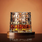 Rotating Crystal Whisky Glass with Wooden Coaster and Textured Cut Pattern