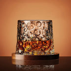Rotating Crystal Whisky Glass with Wooden Coaster and Textured Cut Pattern