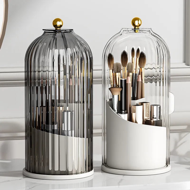 Rotating Makeup Brush Organiser with Dustproof Ribbed Acrylic Lid