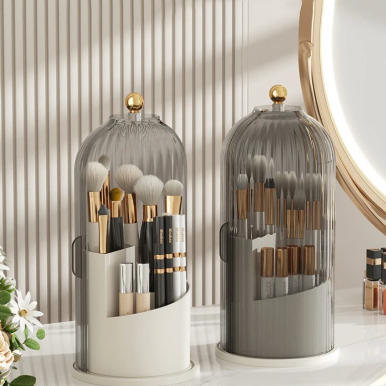 Rotating Makeup Brush Organiser with Dustproof Ribbed Acrylic Lid