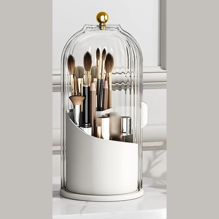 Rotating Makeup Brush Organiser with Dustproof Ribbed Acrylic Lid