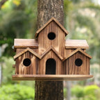 Rustic Hanging Wooden Birdhouse with Multiple Nest Holes for Garden