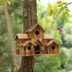Rustic Hanging Wooden Birdhouse with Multiple Nest Holes for Garden
