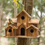 Rustic Hanging Wooden Birdhouse with Multiple Nest Holes for Garden