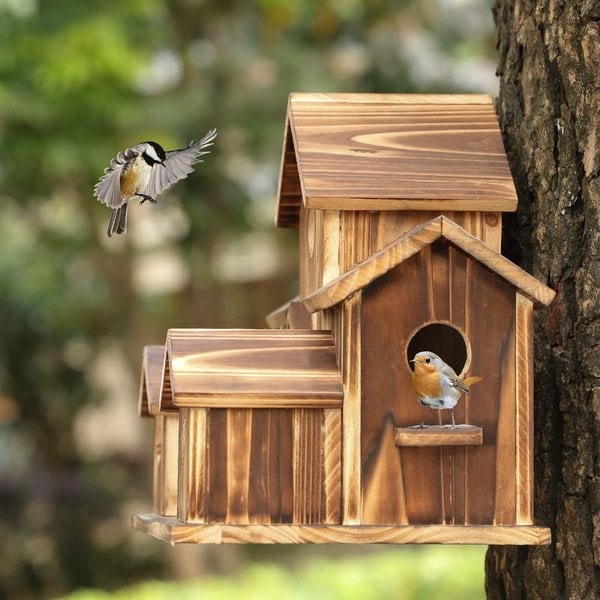 Rustic Hanging Wooden Birdhouse with Multiple Nest Holes for Garden