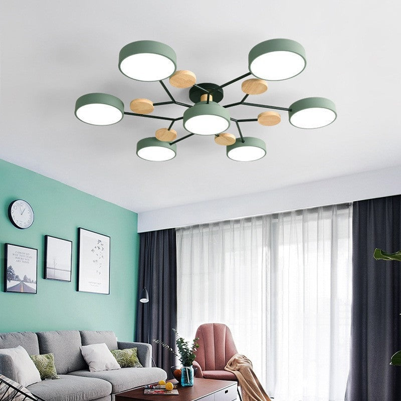 Scandinavian Molecule LED Ceiling Light with Round Shades and Wooden Discs