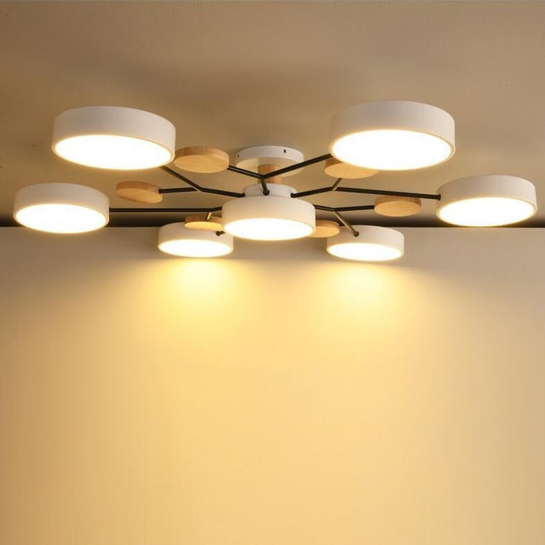 Scandinavian Molecule LED Ceiling Light with Round Shades and Wooden Discs