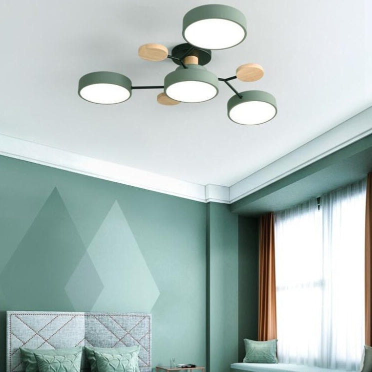 Scandinavian Molecule LED Ceiling Light with Round Shades and Wooden Discs