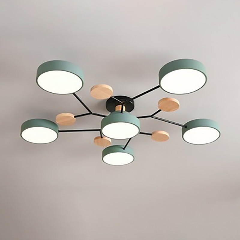 Scandinavian Molecule LED Ceiling Light with Round Shades and Wooden Discs