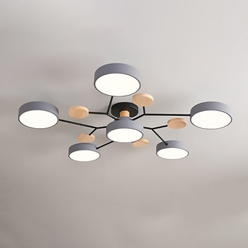 Scandinavian Molecule LED Ceiling Light with Round Shades and Wooden Discs