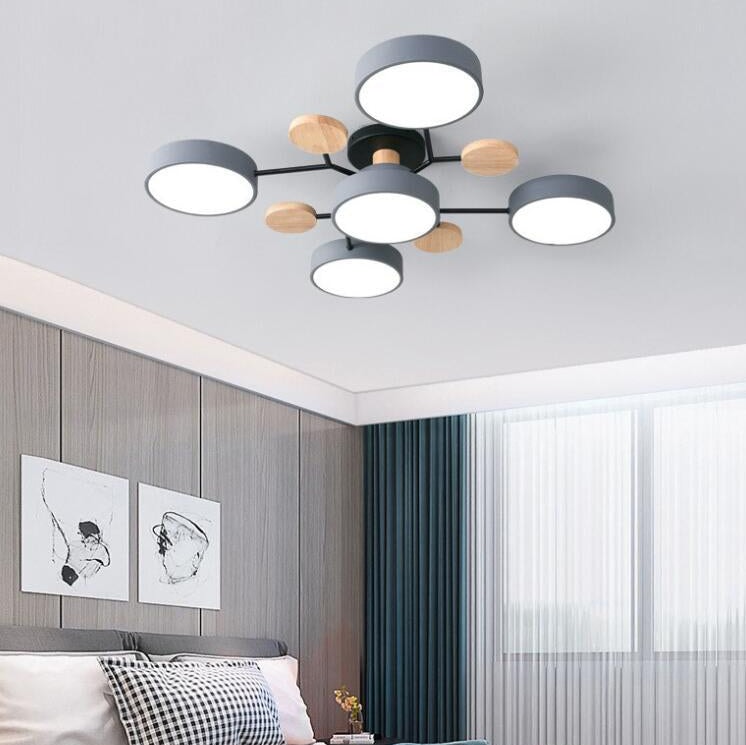 Scandinavian Molecule LED Ceiling Light with Round Shades and Wooden Discs