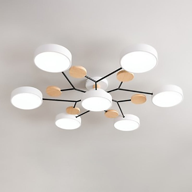 Scandinavian Molecule LED Ceiling Light with Round Shades and Wooden Discs