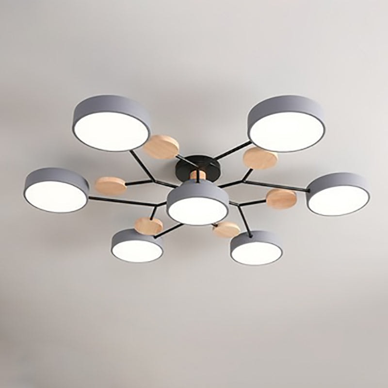 Scandinavian Molecule LED Ceiling Light with Round Shades and Wooden Discs