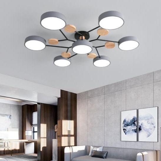 Scandinavian Molecule LED Ceiling Light with Round Shades and Wooden Discs