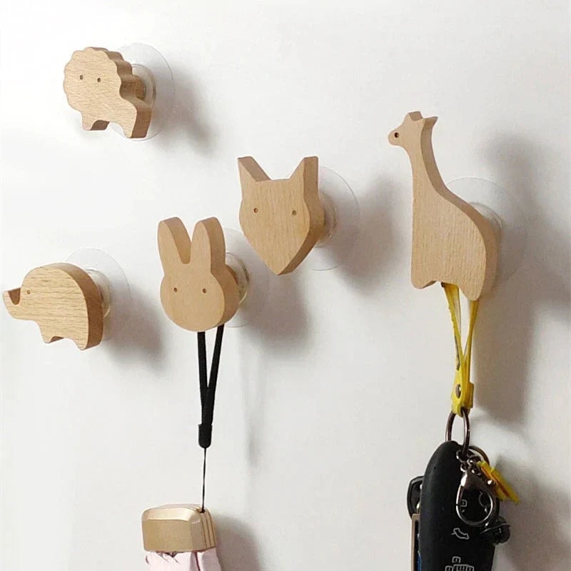 Scandinavian Wooden Animal Wall Hook for Kids Room with Screw or Suction Mount