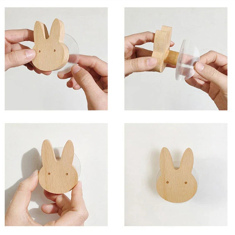 Scandinavian Wooden Animal Wall Hook for Kids Room with Screw or Suction Mount