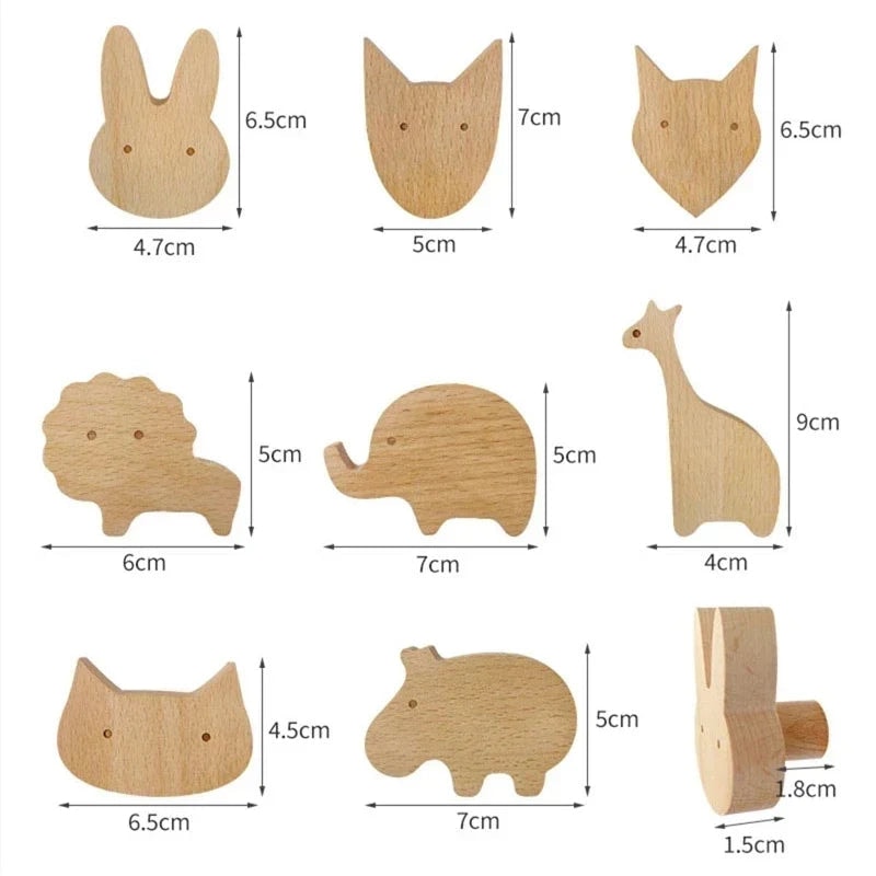 Scandinavian Wooden Animal Wall Hook for Kids Room with Screw or Suction Mount
