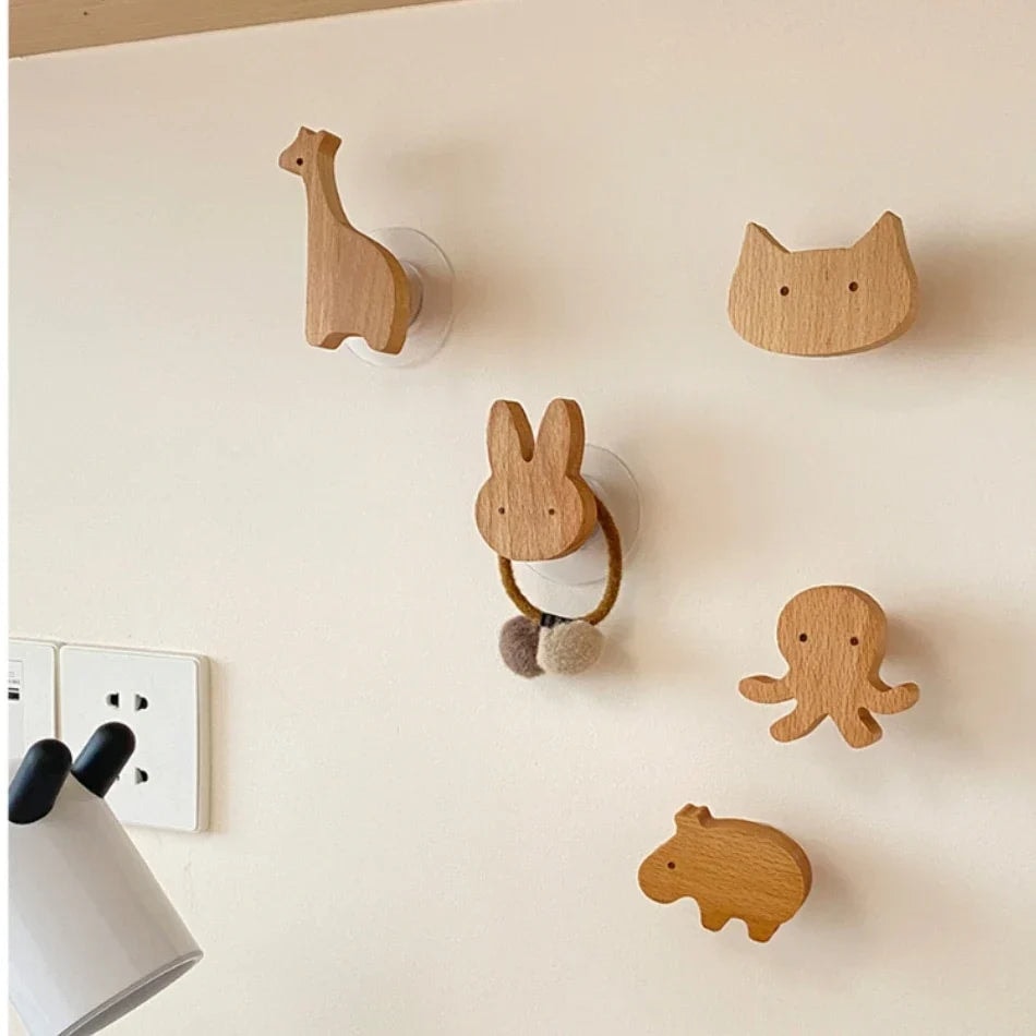 Scandinavian Wooden Animal Wall Hook for Kids Room with Screw or Suction Mount