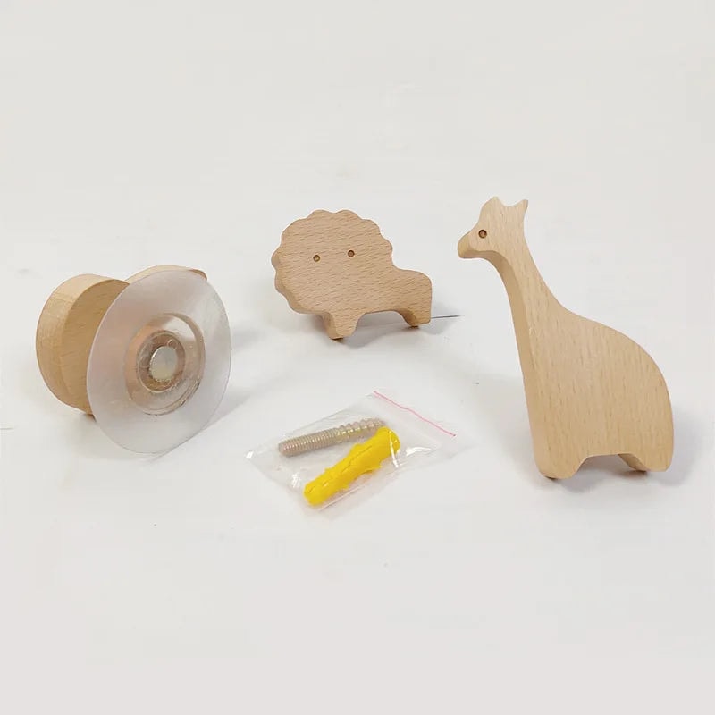 Scandinavian Wooden Animal Wall Hook for Kids Room with Screw or Suction Mount