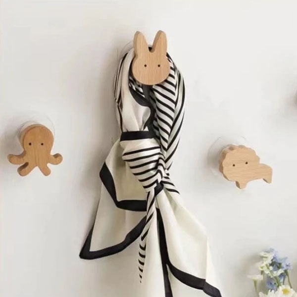 Scandinavian Wooden Animal Wall Hook for Kids Room with Screw or Suction Mount