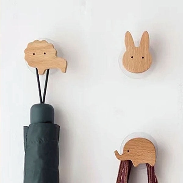 Scandinavian Wooden Animal Wall Hook for Kids Room with Screw or Suction Mount