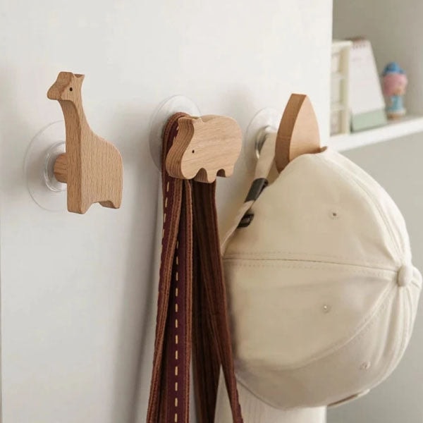 Scandinavian Wooden Animal Wall Hook for Kids Room with Screw or Suction Mount