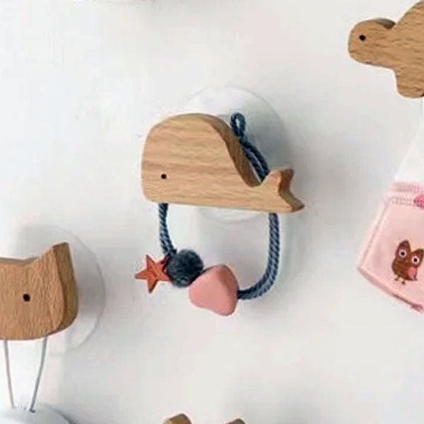 Scandinavian Wooden Animal Wall Hook for Kids Room with Screw or Suction Mount