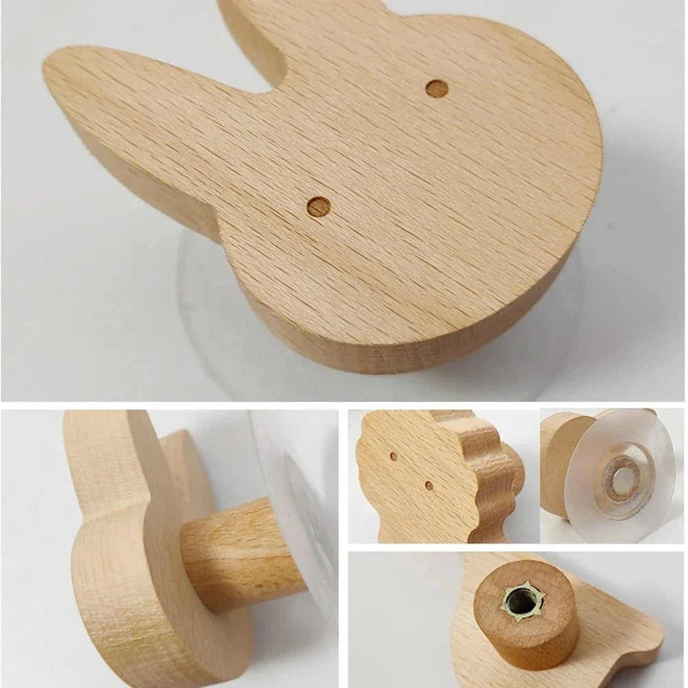 Scandinavian Wooden Animal Wall Hook for Kids Room with Screw or Suction Mount