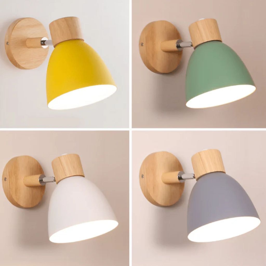 Scandinavian Wooden Wall Light with Angled Metal Bell Shade for Bedroom