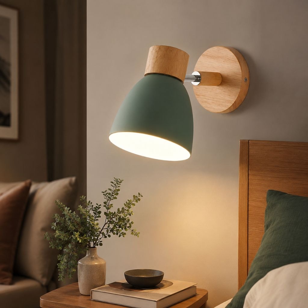 Scandinavian Wooden Wall Light with Angled Metal Bell Shade for Bedroom