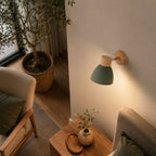 Scandinavian Wooden Wall Light with Angled Metal Bell Shade for Bedroom
