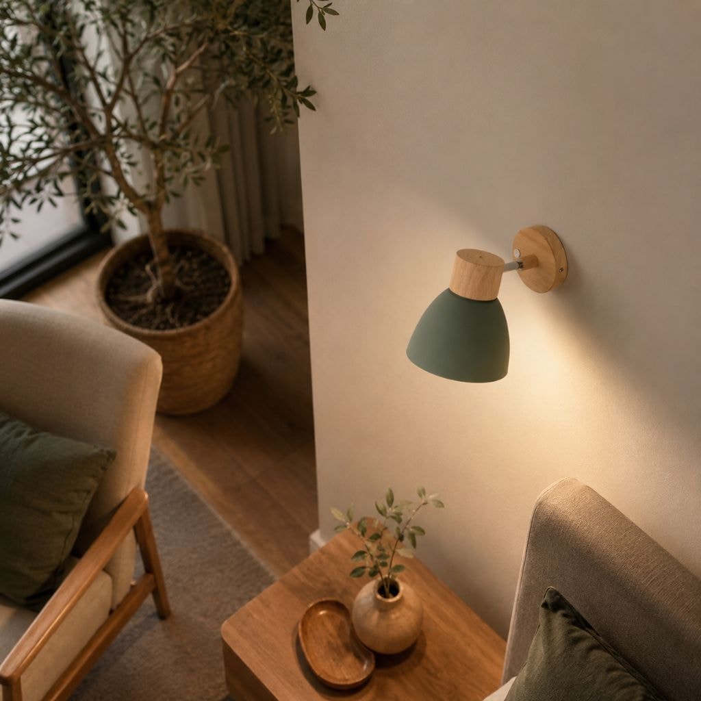 Scandinavian Wooden Wall Light with Angled Metal Bell Shade for Bedroom