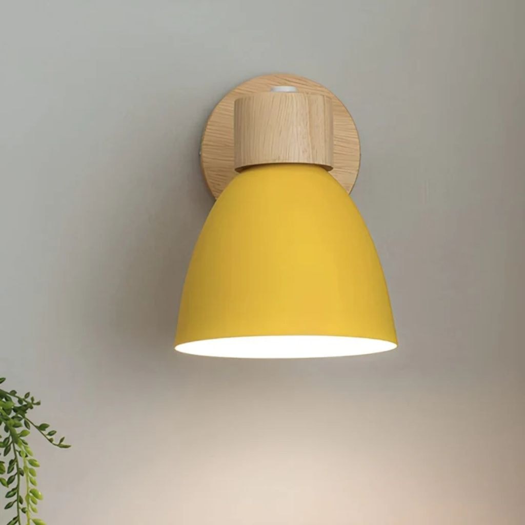 Scandinavian Wooden Wall Light with Angled Metal Bell Shade for Bedroom
