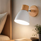 Scandinavian Wooden Wall Light with Angled Metal Bell Shade for Bedroom