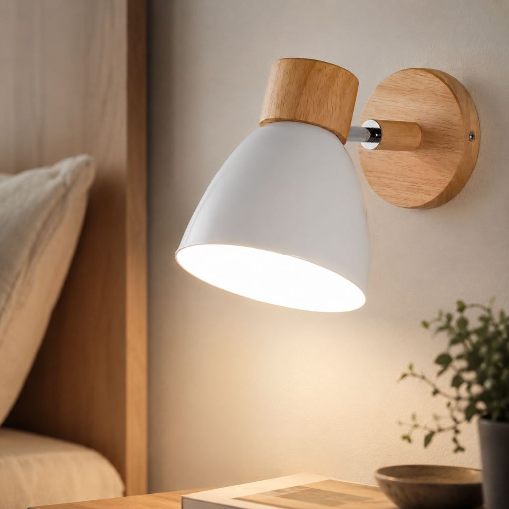 Scandinavian Wooden Wall Light with Angled Metal Bell Shade for Bedroom