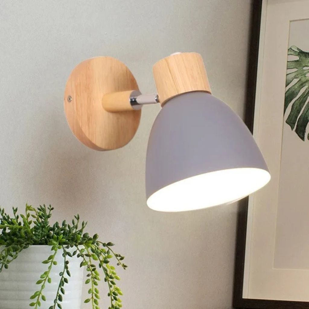 Scandinavian Wooden Wall Light with Angled Metal Bell Shade for Bedroom