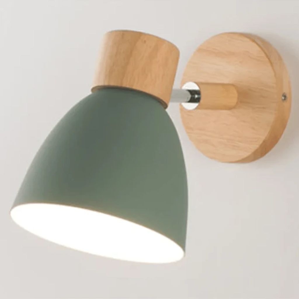 Scandinavian Wooden Wall Light with Angled Metal Bell Shade for Bedroom