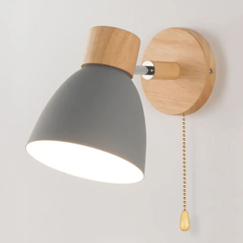 Scandinavian Wooden Wall Light with Angled Metal Bell Shade for Bedroom