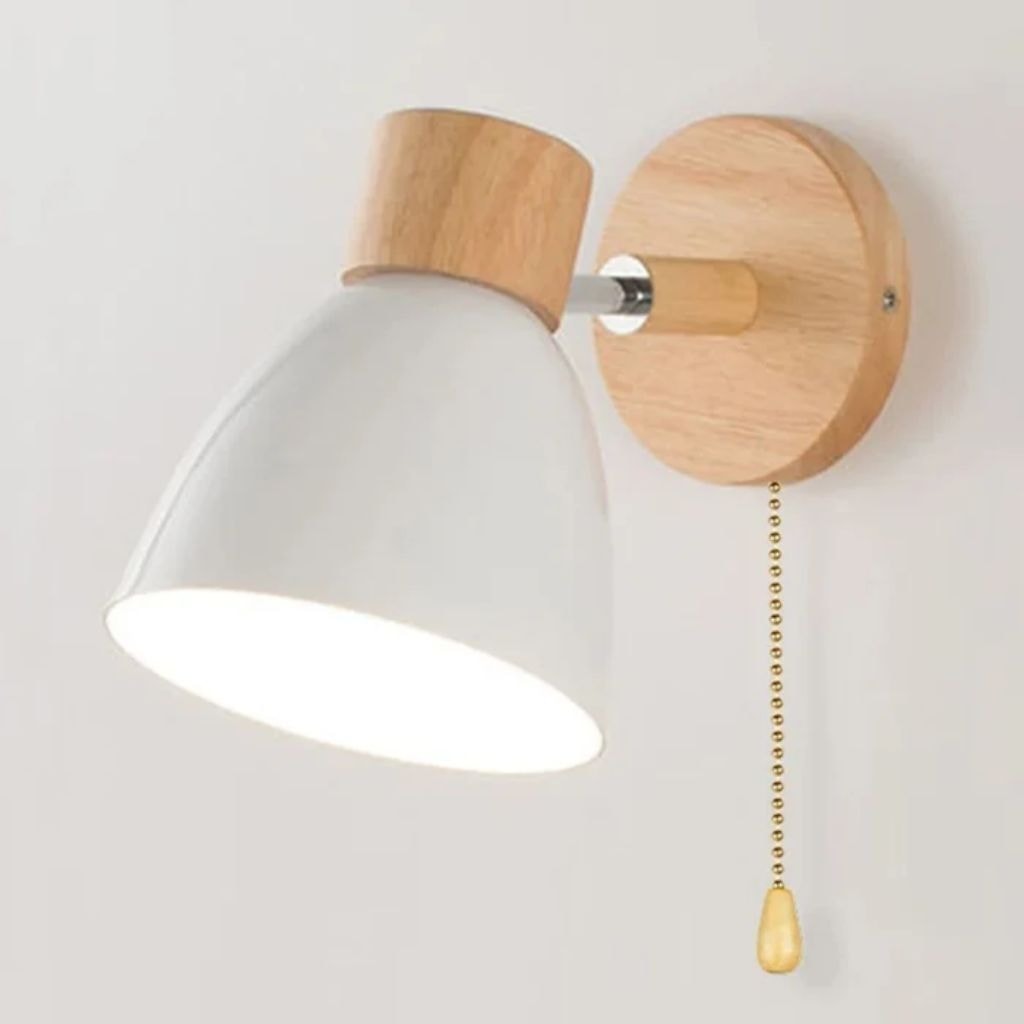 Scandinavian Wooden Wall Light with Angled Metal Bell Shade for Bedroom