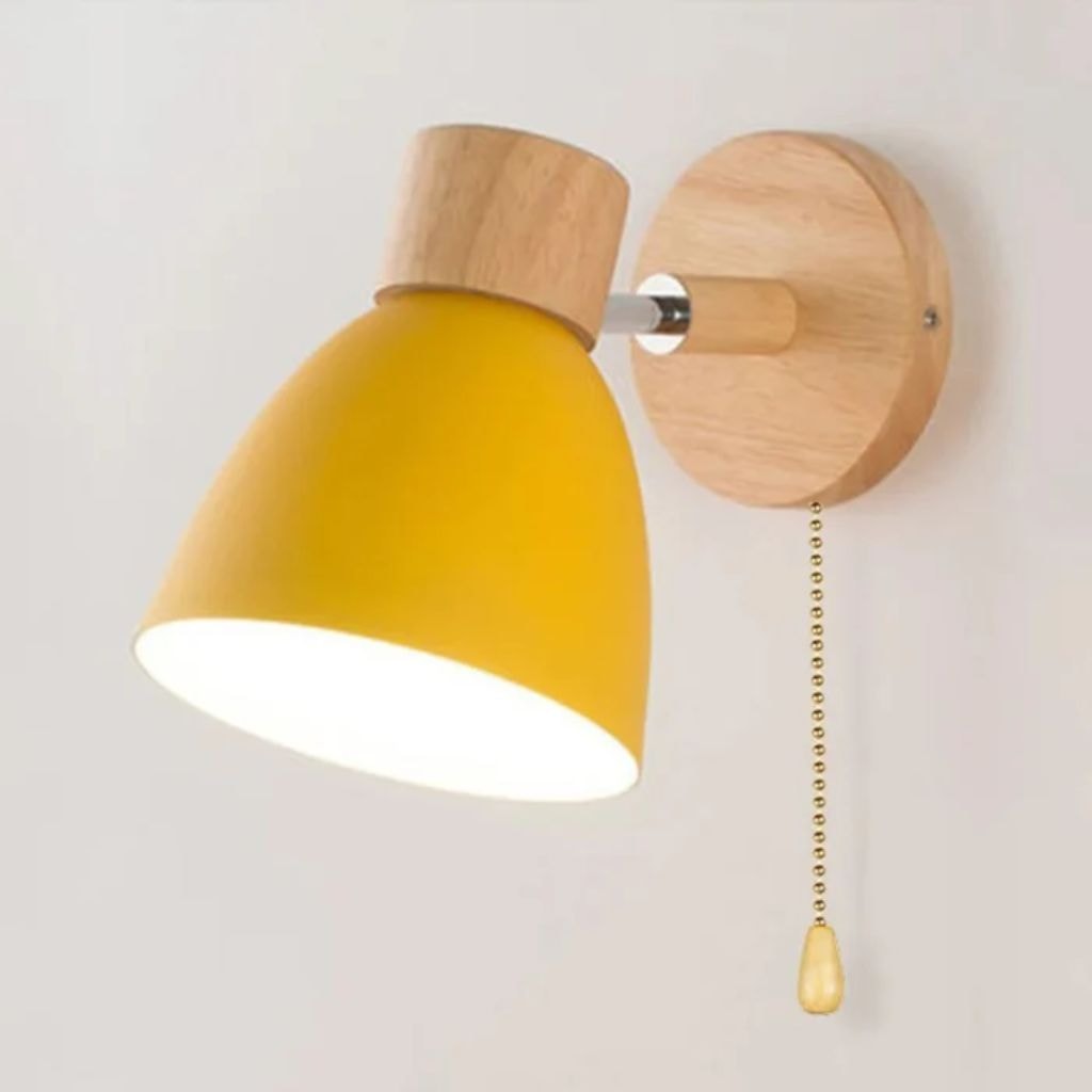 Scandinavian Wooden Wall Light with Angled Metal Bell Shade for Bedroom