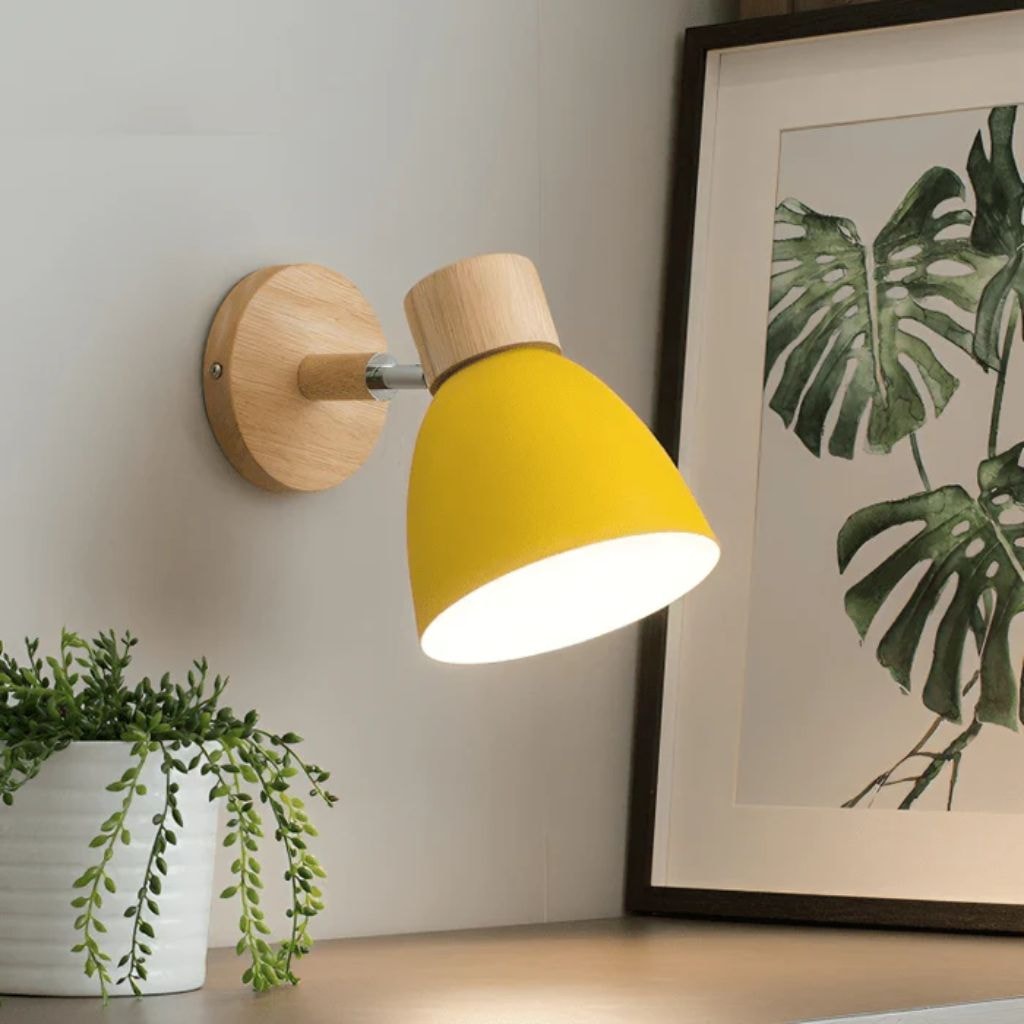 Scandinavian Wooden Wall Light with Angled Metal Bell Shade for Bedroom