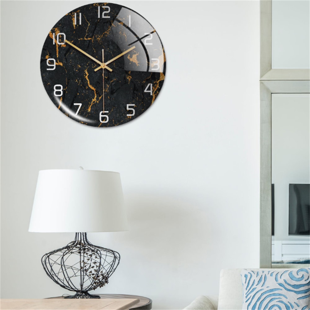 Silent Marble Effect Wall Clock with Glossy Domed Face for Living Room